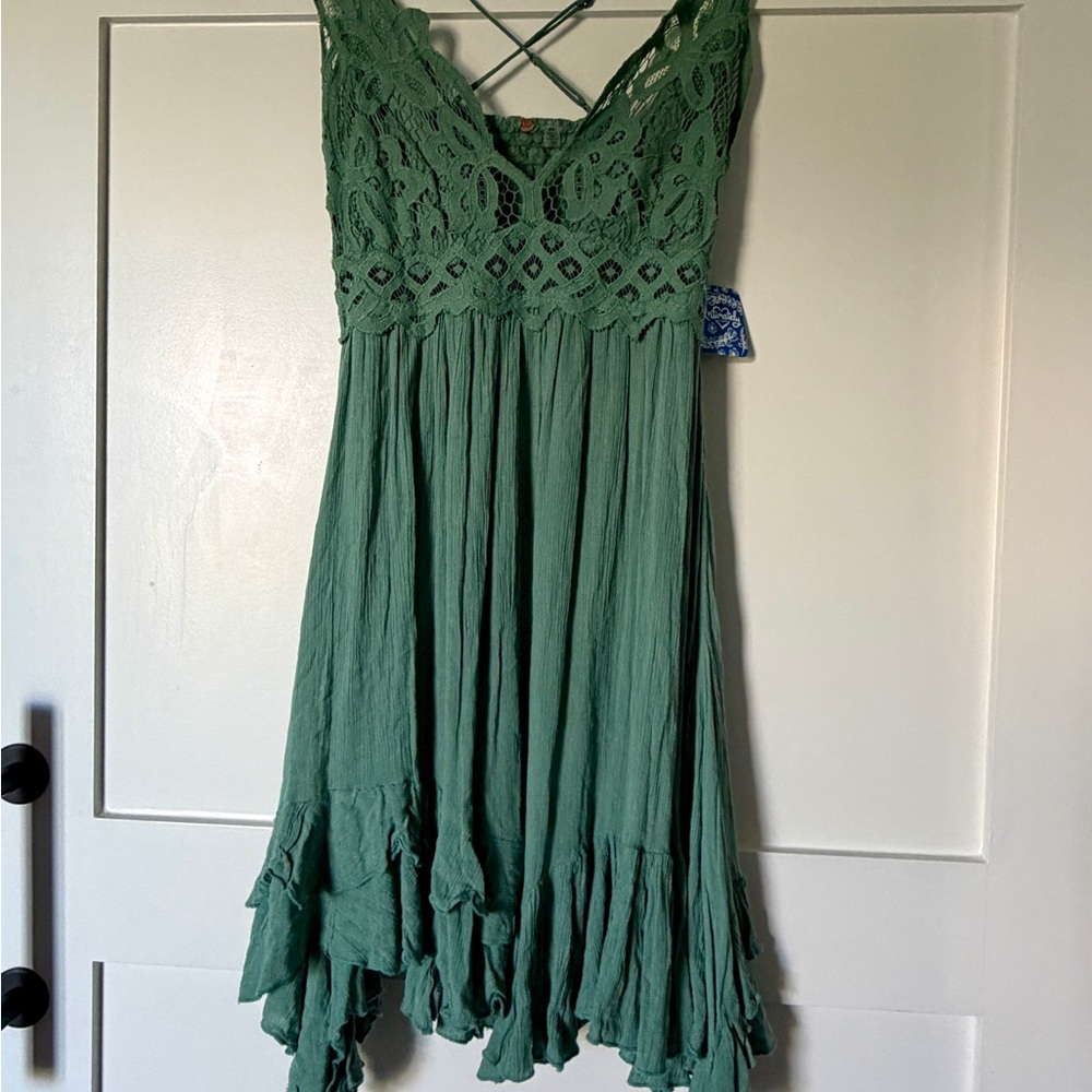 Free People Short Crochet Bodice Spaghetti Strap Dress in Sage Green - Picture 9 of 10